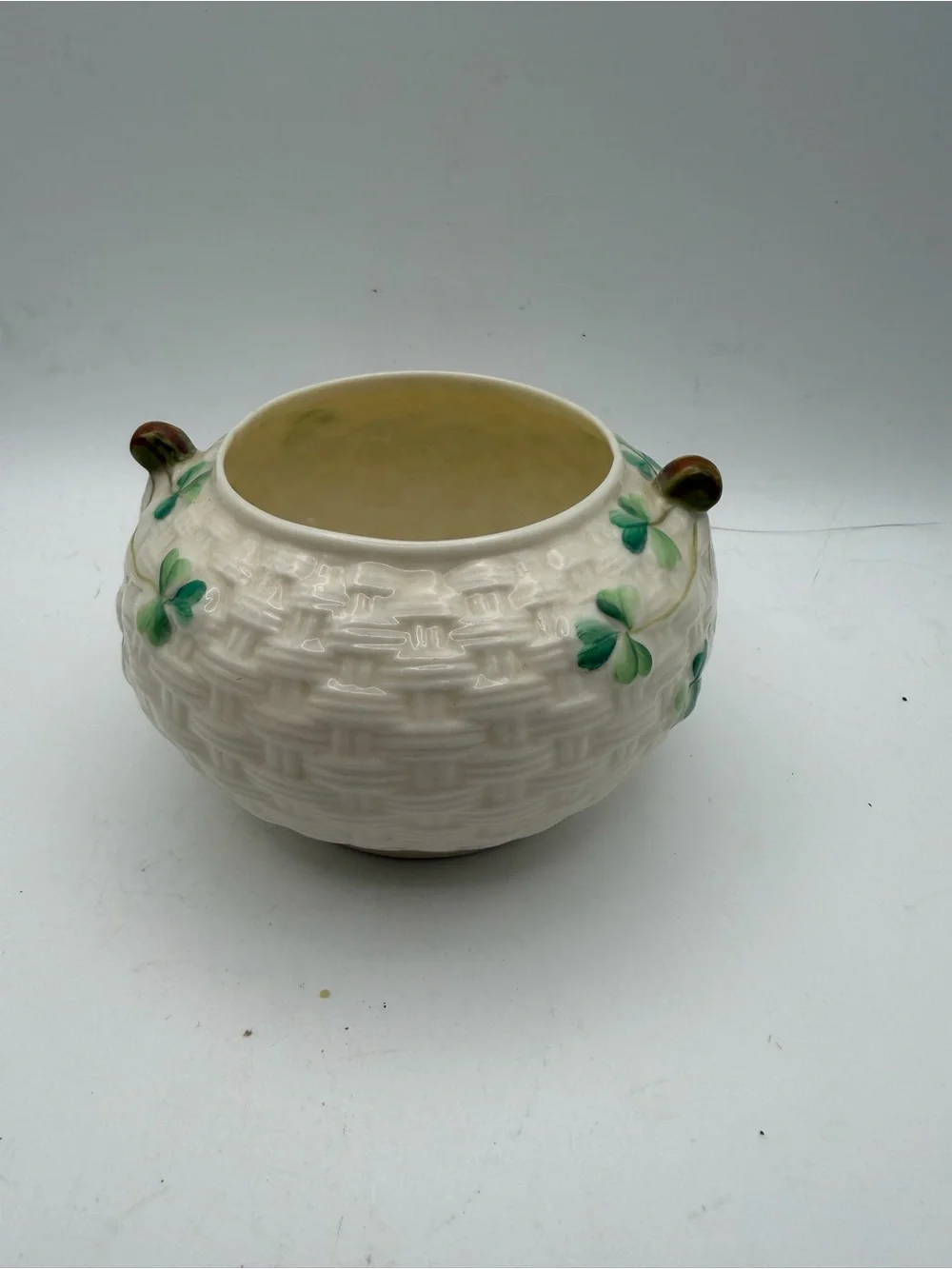 Vintage Belleek Basket Weave Shamrock Creamer & Sugar Set